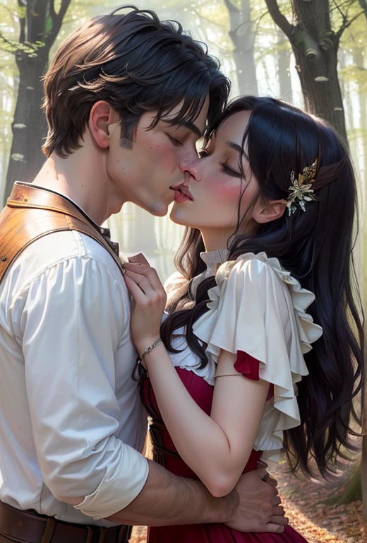 A woman and a man embracing in a flower garden. The woman has long, wavy brown hair and is wearing a red dress.. The man is muscular and has long, black hair with red highlights., his eyes are red and he is wearing black clothes