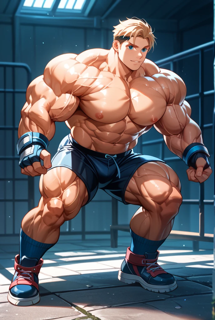 (Eine detaillierte Zeichnung von trunks , bodybuilding gym.), shirtless, massive muscular body, huge muscular shoulders, Massive big biceps, Venen im Bizeps, Muskelbeine, massive muscular abs, Bizepsflex. posierend, er schwitzt, very muscular, The toned body shines in the spotlight, much muscular sexy, Bodybuilding-Pose, squats, barefoot, Full body image