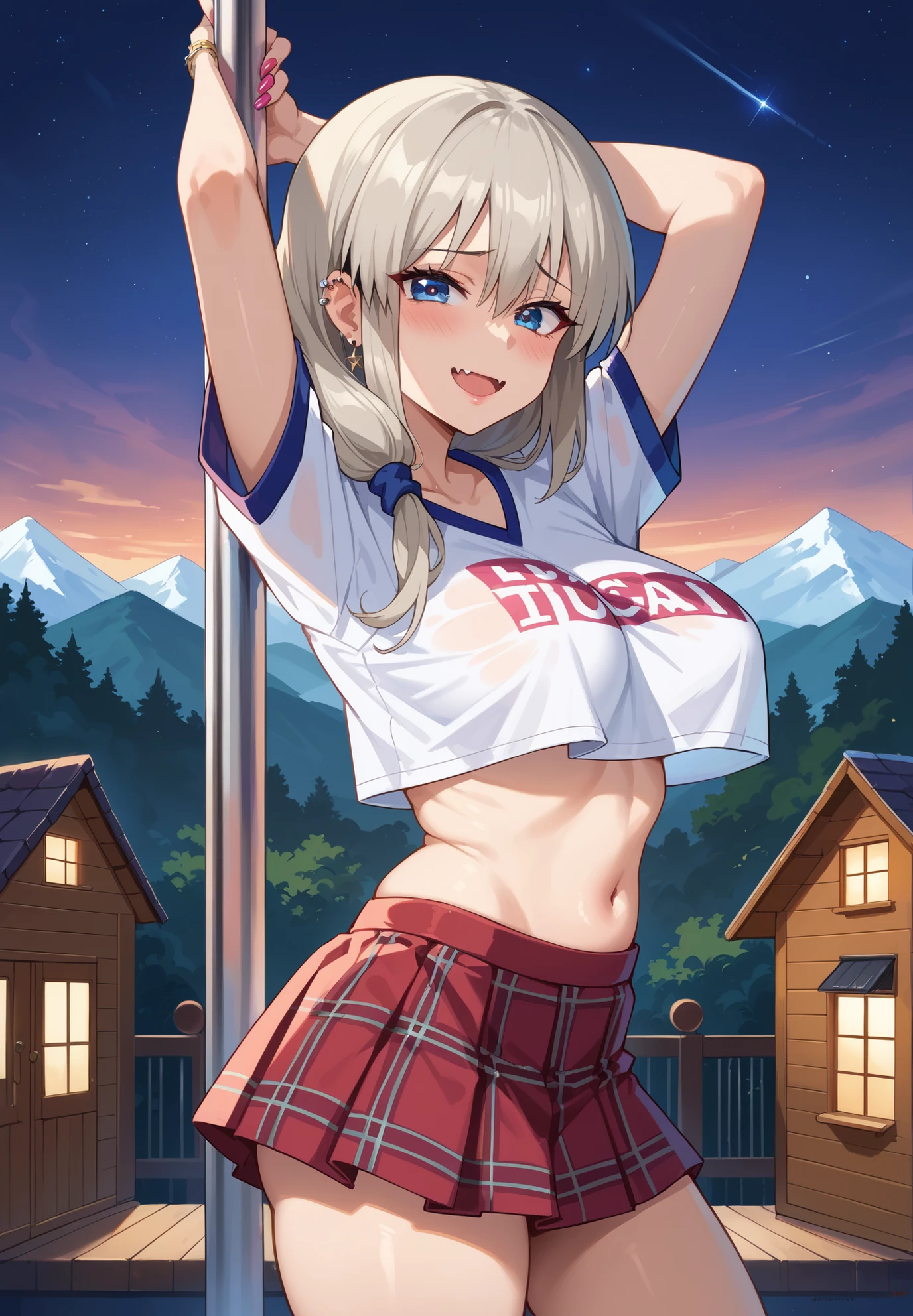 1girl,solo,Tsuki Uzaki,Uzaki-chan Wants to Hang Out, gyaru cosplay, hair highlights, piercings, jewelry,crop top, skirt,naturally sagging breasts, shy, blushing, squinting eyes,pole dancing,mountain cabin,night time,sexy pose,alluring atmosphere,cinematic lighting,masterpiece,top quality,warm color,high resolution,high fashion,absurdres extremely,vivid colors,intricate details,best quality,amazing quality,very aesthetic,newest,ultra-detailed,nsfw