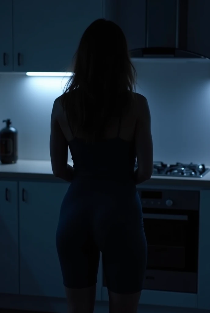 wide angle photography with Canon EOS R5. Half naked redhead woman cooking at the stove. average build, wide hips, big breasts. Full-length rear view. Modern kitchen in dark grey tones. Dim yellow light. ambient. Soft light.
