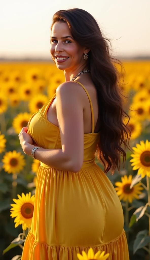(raw photo:1.2), ((photorealistic:1.4)), best quality, masterpiece, extremely detailed, 8k wallpaper, fine detail, best quality, extremely detailed 8k wallpaper, detailed face, detailed eyes, double eyelids, highres, ((SFW)), cowboy shot, MILF, ((very large breasts)), cleavage, plump breasts, beautiful collarbone, woman wearing a sundress, bare shoulders, almost see through, small necklace, braided hair, lively eyes, sexy lips, smiling, hourglass figure, outside in a sunflower field