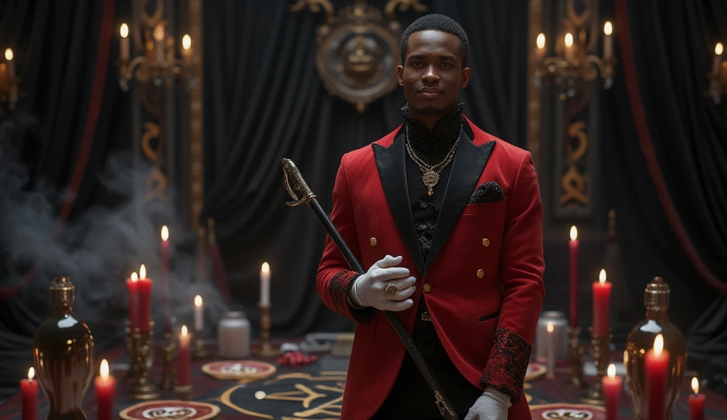 (character of a black man )(practicing voodoo magic)(wearing a burgundy suit with black details and a top hat with ornamental skull details) (with mystical rings and talisman holding a skull in hand)(kneeling over a pentagram drawn on the floor)(and send him several entries in a twilight way)