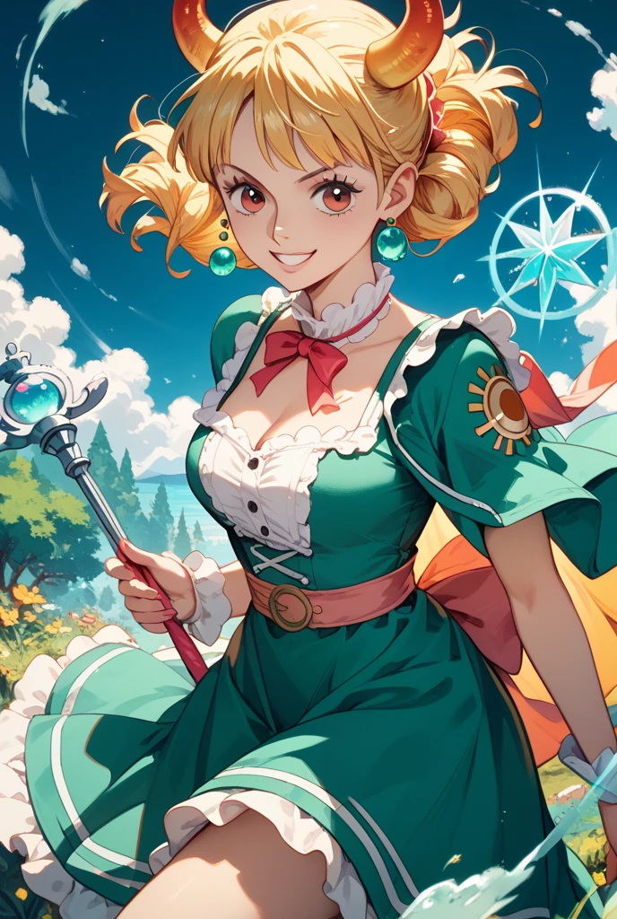 ojaskmmkmgc, standing, smile, castle, mountain, rainbow <lora:asuka-momoko-witch:1>