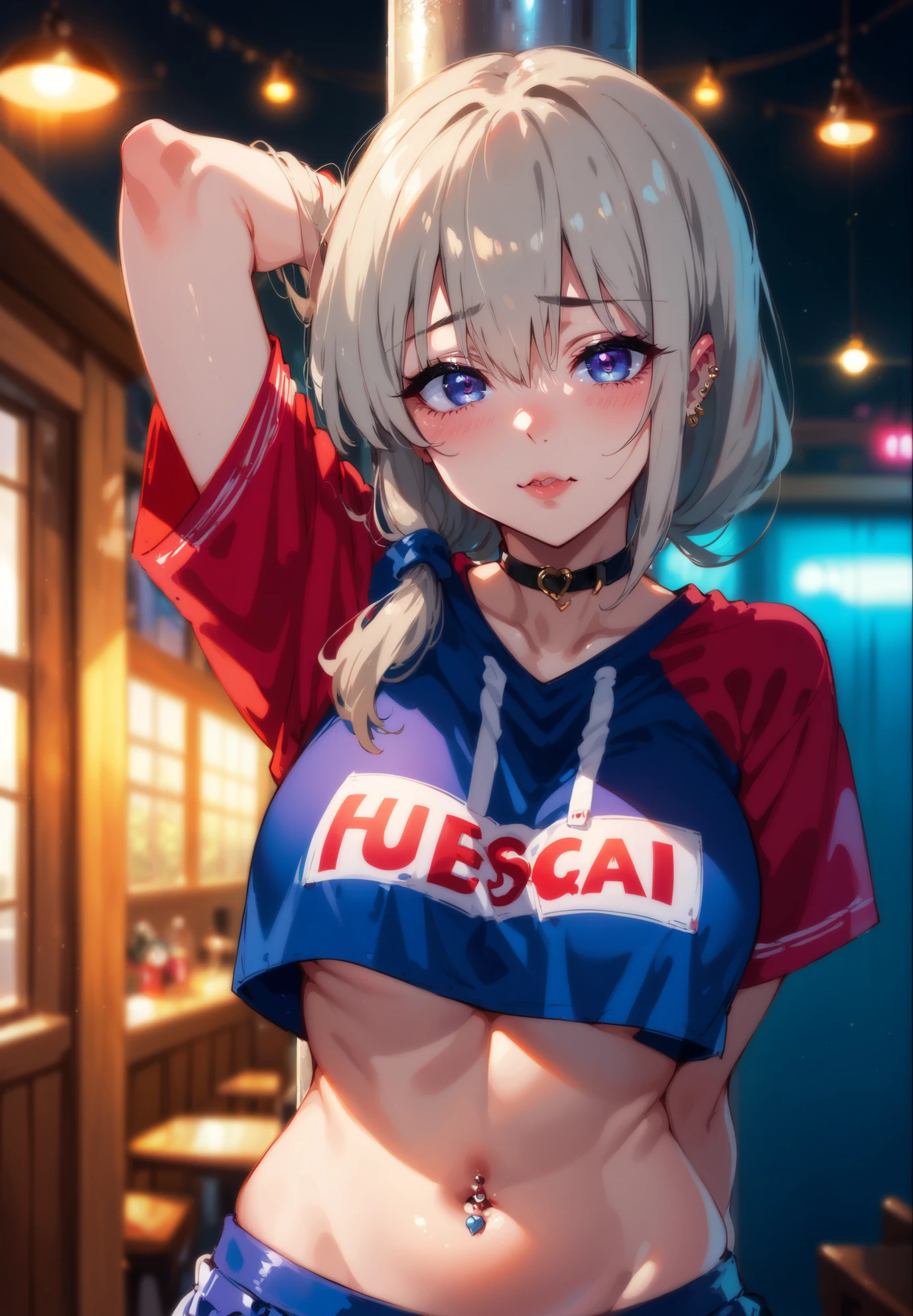 1girl,solo,Tsuki Uzaki,Uzaki-chan Wants to Hang Out, gyaru cosplay, hair highlights, piercings, jewelry,crop top, skirt,naturally sagging breasts, shy, blushing, squinting eyes,pole dancing,mountain cabin,night time,sexy pose,alluring atmosphere,cinematic lighting,nsfw