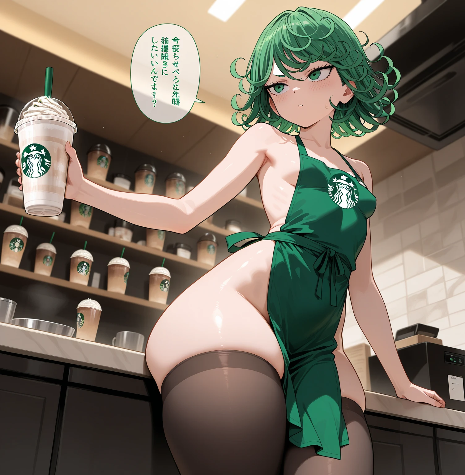 Cool beauty,Looks sweet,bob haistyle, (only wearing dark green starbucks apron, off-shoulders), show clavage, show big thigh, plump body, huge breast, full body photo, squat pose. Wearing black bunny headbe. Side view. nd. In coffee shop.