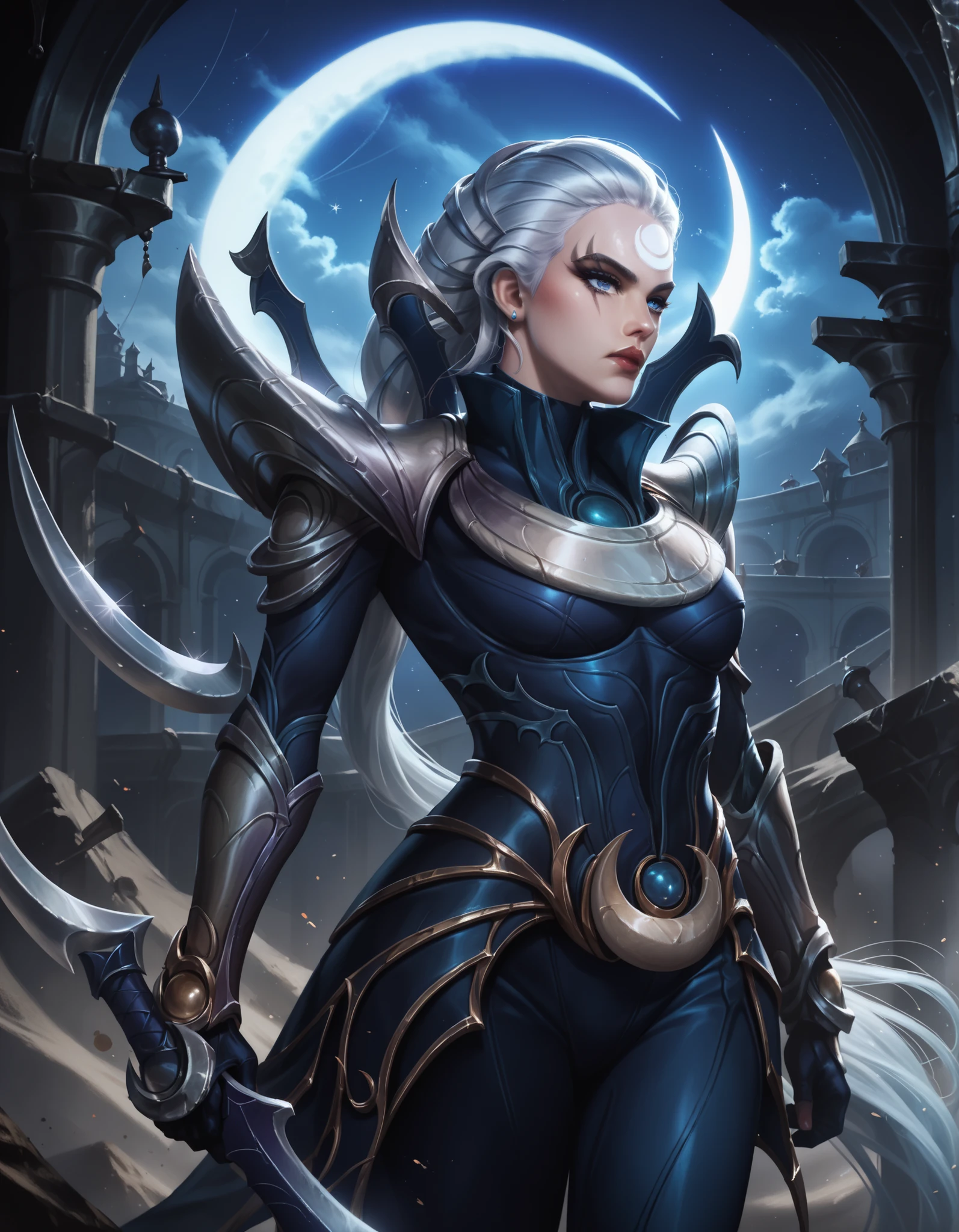 Diana from League of Legends, standing in a moonlit battlefield, long silver hair flowing, piercing pale blue eyes, wearing dark armor with silver crescent moon motifs, holding her large, (curved crescent) blade, dramatic backlighting from a full moon, subtle blue mist around her feet, highly detailed digital painting, cinematic lighting. upper body illustration.