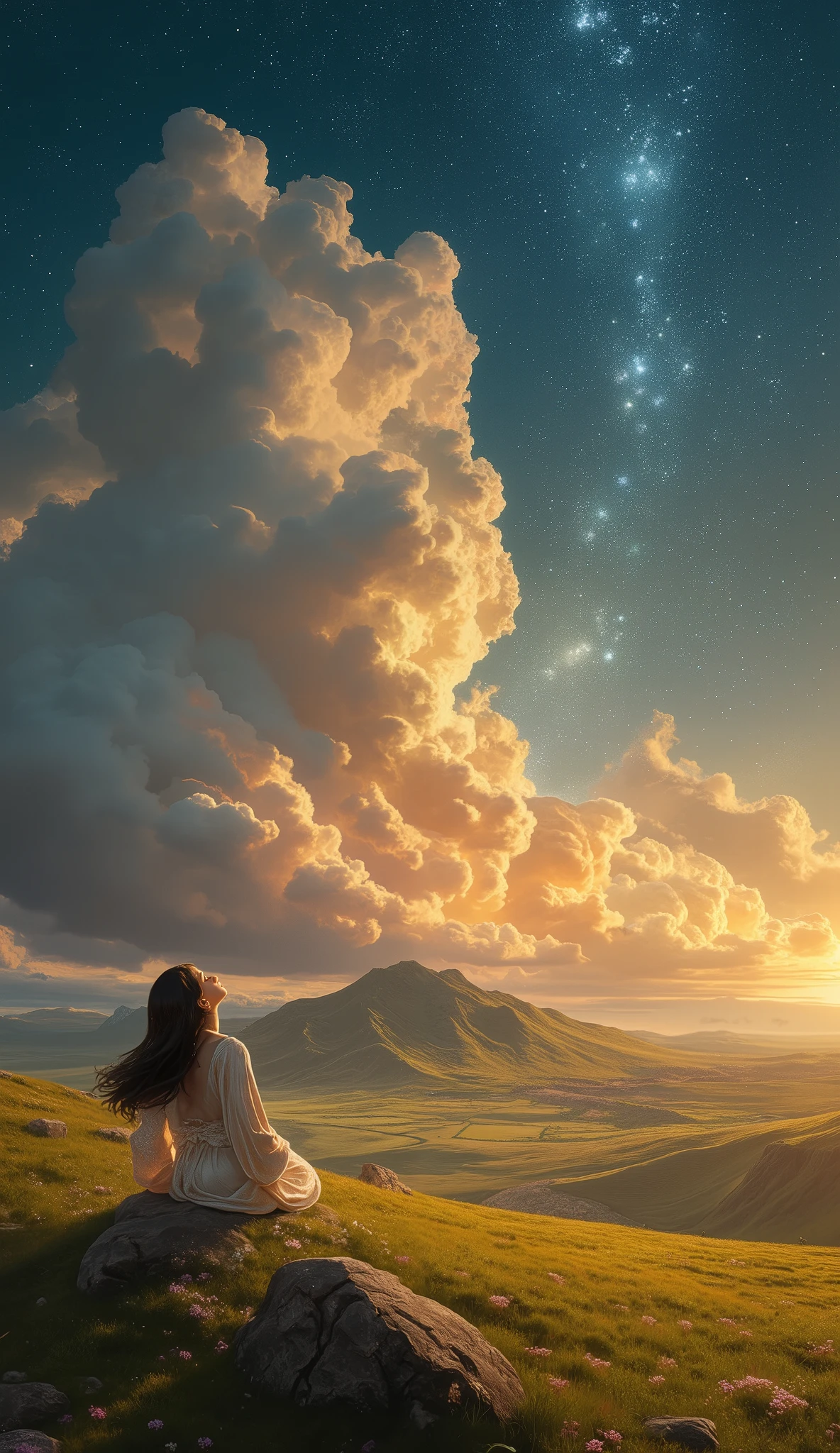 ( Highest Quality、high resolution、 high accuracy、 masterpiece:1.4)、16k、 RAW Photo 、photorealistic、realistic、 object、 Celestial fantasy、Dynamic artistic expression emitting a sparkling glow、absurd、(Highly detailed digital art and oil painting)、god秘的な雰囲気、 full of stars、星cloudが夜空に非常にgod秘的な輝きを齎す、Moving through space、god々しいまでにgod秘的で誘惑的な光の粒子が地上を覆う、 on the ground , Tall, A beautifully detailed prairie spreading like a green carpet、空の星cloudに負けず光り、Gives off a sparkling glow、cloud、Mountain、Distant Forest、A girl looking up at the sky from the prairie、 well-balanced body 、Clear white skin、Detailed black eyes、 Moi Strip、 Beautiful black hair shimmering、long hair、伝統的で美しく詳細な object、Dark eyes that shine like an elegant belt、Shiny Detailed Black Hair、long hair、 very intricate detail 、Light and Dark Expressions、Isometric view:return、 proximity method