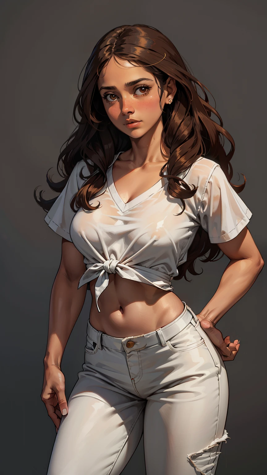 uma menina, body shot, latina face, brown skin, long natural curly brown hair, glamour, Stand up, maquiagem, Lips are soft or colored, fundo simples, silhuetas fluidas, Stand Up, provocador, surprised facial expression, bashful, simple lighting and texture, fundo branco, large clothes, pants, camisa