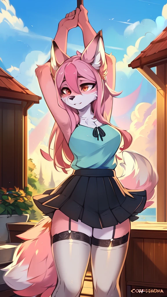from Kenketa, Ross Tran, Ruan Jia, mumps, Foxovh, от zackary911, от Hyattlen, on a terrace, by Fumiko, от Pixelsketcher, by Bayard Wu, Thomas Benjamin Kennington, from Einshelm, from Kilina, by Coffeesoda, from Hyoshiru, from down-kevlar, от r-mk, by Dimwitdog, fluffy, Nazuna_hiwatasi, antro, Female, One, standing, mocking look, (half-closed eyes), pink hair, pink tail, (white for girls, blues skirt, high stockings), (Red eyes), olhos para trás, (enormes breasts, hips), (Fox), (hands above head), (pink body, two-tone fur), bunda para expectador, olhando para trás