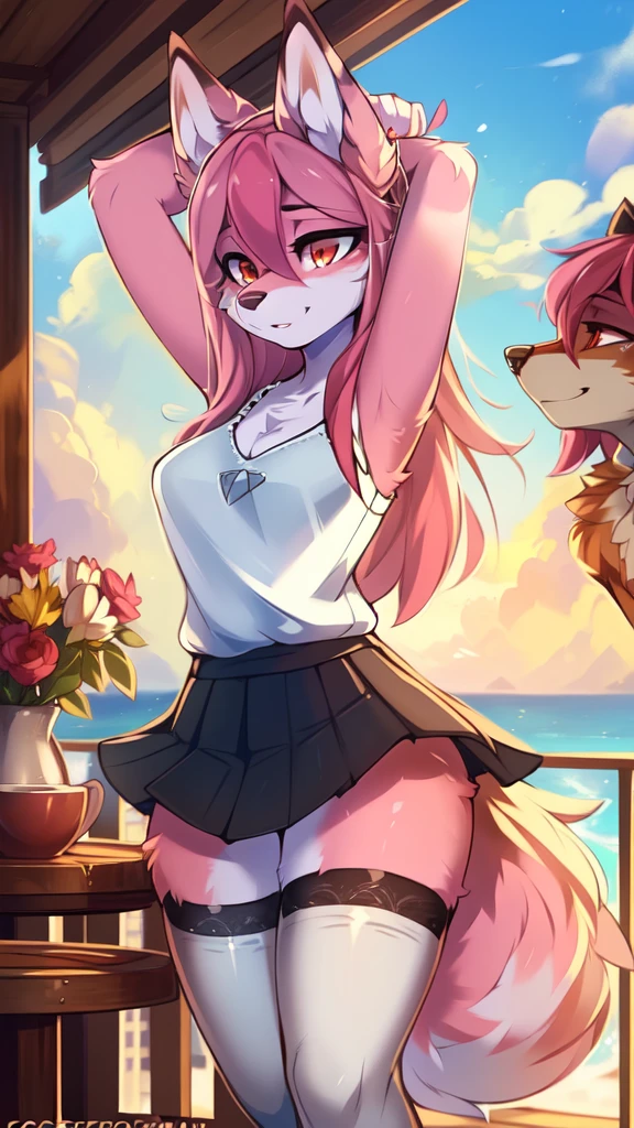 by kenket, Ross Tran, ruan jia, zaush, foxovh, by Zackary911, by hyattlen, by teranen, by fumiko, by Pixelsketcher, by Bayard Wu, by Thomas Benjamin Kennington, by Einshelm, by Kilinah, by Coffeesoda, by Hioshiru, by fluff-kevlar, by r-mk, by Dimwitdog, Furry, Nazuna_hiwatashi, Anthro, Female, Solo, standing, Mocking Look, (half-closed eyes), bedroom, Pink Hair, Pink Tail, (black croptop, black skirt, Fishnet stockings, boots), (red eyes), looking at the viewer, (medium breasts, hips), (fox)