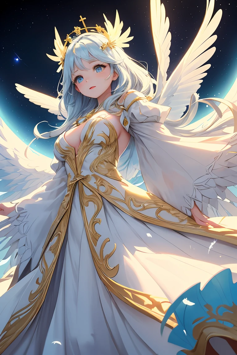 Woman in transparent dress,Viewer,(((Full breasts, Keeley University))),Slim waist,(Navel exposed,Bare waist), Long hair, extreme detailed details, Detailed fantasy art, Stunning character art, Beautiful and exquisite character art, Beautiful transparent dress, Very detailed, Girl wearing flowing Hanfu, Exquisite headpieces and jewellery,Crystal jewelry filigree, galaxy, Stunning visuals, (Dynamic Stripes, light rail:1.2), Vibrant colors,Long hair动漫女孩和狐狸, 美丽的白金色Angel女士, 白毛Angel, Beautiful character painting, Beautiful anime portrait, Angel翅膀的女孩, a beautiful Angel woman, Mystical artwork, Guweiz, by Ren Renfa, Angel, Large Breasts,Full breasts,Golden ratio figure,Perfect body,Ultra wide-angle shooting,Full body shot,Body close-up,Full body shot,Wearing a pleated tulle skirt,Soft anime illustration, Soft dark background,Fujifilm XT3 Clear focus, f 5.6, High Detail, Clear focus, Dramatic, (Wearing openwork clothing), (Looking at the audience:1.8), (Natural light), (Tempting)translucent, Good velvet quality, Compared, Divine Light,, Silver gray hair, Sky background, Absolute Strength,女性Angel,Girl in sexy silk,,Large Breasts,Full breasts,Golden ratio figure,Perfect body,Ultra wide-angle shooting,Full body shot,Body close-up,Full body shot, Wearing a tulle dress, Model shooting style, Large Breasts,Full breasts,Golden ratio figure,Perfect body,(Extremely detailed CG 8k wallpaper unit), The most beautiful artistic photos in the world, , 8K Ultra HD, ) On the big white bed,Lazy gesture,Charming and seductive expression,best quality,masterpiece,Ultra-high resolution,(Practical:1.4),original photo,Ultra-high resolution,White skin,Exquisite makeup,Long legs,Bright beautiful eyes,用深色眼影打造Exquisite makeup,