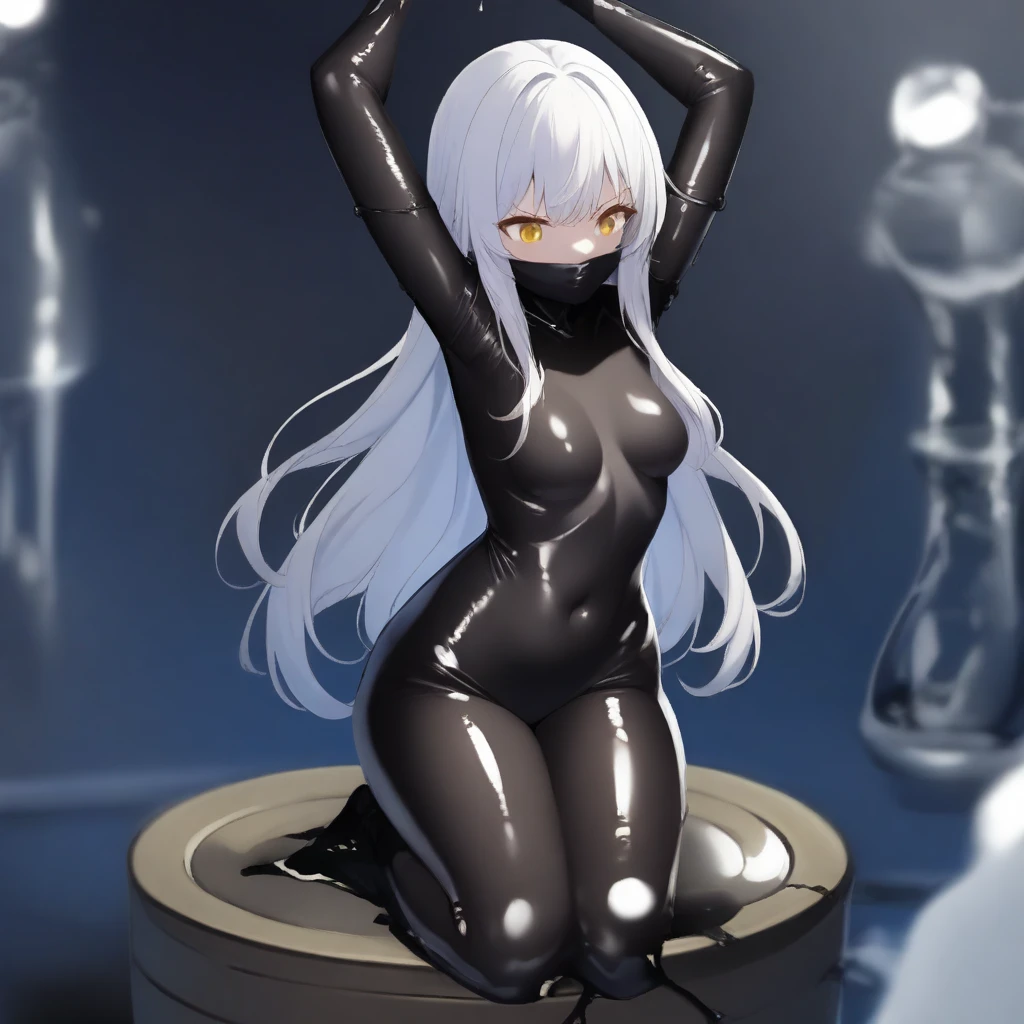 full body picture Unreal Engine 5 8K UHD of beautiful women, wearing white tight latex catsuit covered whole body, latex mask, latex collar, latex body harness and lace, arm and leg cuffs, latex corset, latex long glove, sitting in office, best quality, masterpiece, 8K UHD wallpaper