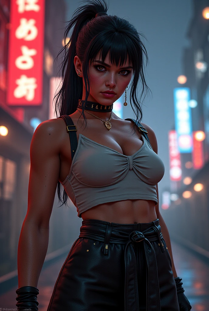 Create a full body anime style young female 3D character, representing the retro of the 90s, with dark purple tone, verde y azul oscuro que reflejen una figura enigmática y reserved; look as if challenging, serious and the eyes are angular; a posture that reflects a confident and somewhat challenging attitude. He has brown skin. dark makeup (earth tones), too much eyeliner, I would use leatherette, large silver chains and studs, black heeled boots, very tight blouses as well as their pants. Hairstyle with gel, gathered into a high ponytail or short layered and messy. His intelligence is sharpened, making her a master strategist, His critical attitude distances him from others. He is an intelligent character, strong, cool, powerful, but at the same time cold, reserved, naughty and very sarcastic. Let it be seen that his appearance is digitally sculpted