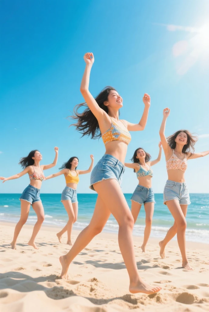 Hand in hand、Running in flip flops、Towards the ocean waves、(Sunflower Hair Ornament)、A beautiful 22-year-old woman with short hair and long brown hair fluttering in the wind,  ((Beach sandals))、, photographed from head to toe on a seaside with 3 other women in bikini swimwear, the best proportions, (big breasts:1.5), ((Summer Camp))、The morning sun shines, photorealistic, 4k, different hairstyles, facial variations.Reflecting your feet、