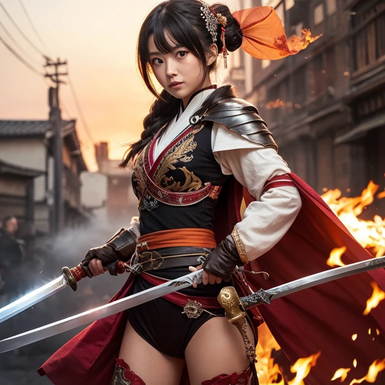 Naotora Ii，Female generals，flashy，Ponytail beauty，Holding a naginata，Wearing stylish red armor，Wearing a red skirt，Crouching，Panty shot，One leg raised，Wearing leg armor，Wearing two belts around his waist