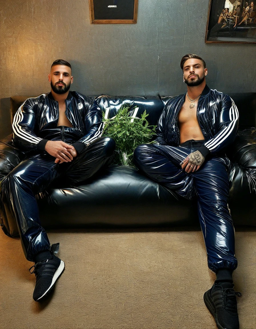 realistic photo, full body view, a man sitting on a sofa in a shiny white adidas Chile tracksuit, brown undercut, in white socks covering the bottom of the jogging pants, talking with another young white european man standing next to him, in a shiny black adidas Chile tracksuit, very short hair, dirty white socks, np shoes, one foot on the sofa, full body, they are satisfied, feel their dirty socks, very modern gay bar desert, evening. both horny with pierced nipples, rings, necklaces, bracelets