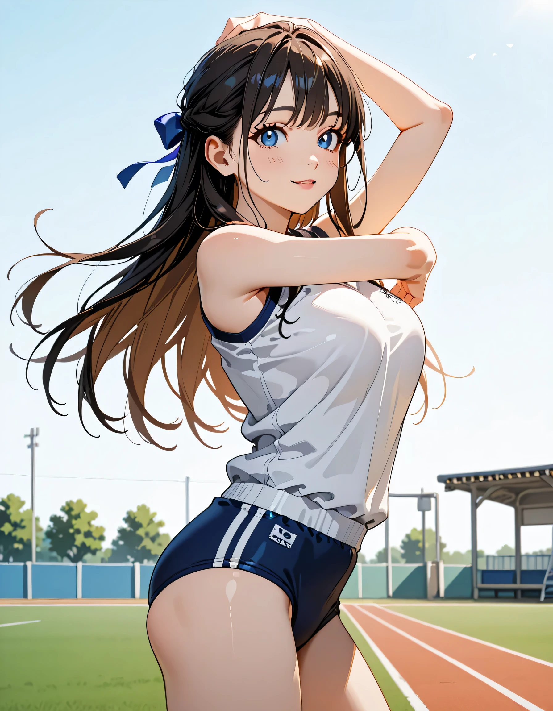 Tabletop、highest quality、High resolution、1 girl、Short length、thin、A shy smile、Brown Hair, Hair Bun, blue eyes, Long twin tails, Visor Cap,( black tights), Raglan sleeves, Yellow shorts,shirt, Pink Ribbon, clock、Outdoor、A photo of the subject viewed from below、、((Loose shorts、Panties sticking out of shorts、Loose shorts、white Panties are visible through the gap between the Yellow shorts、White panties))、Superperspective、Wide Shot、upshorts