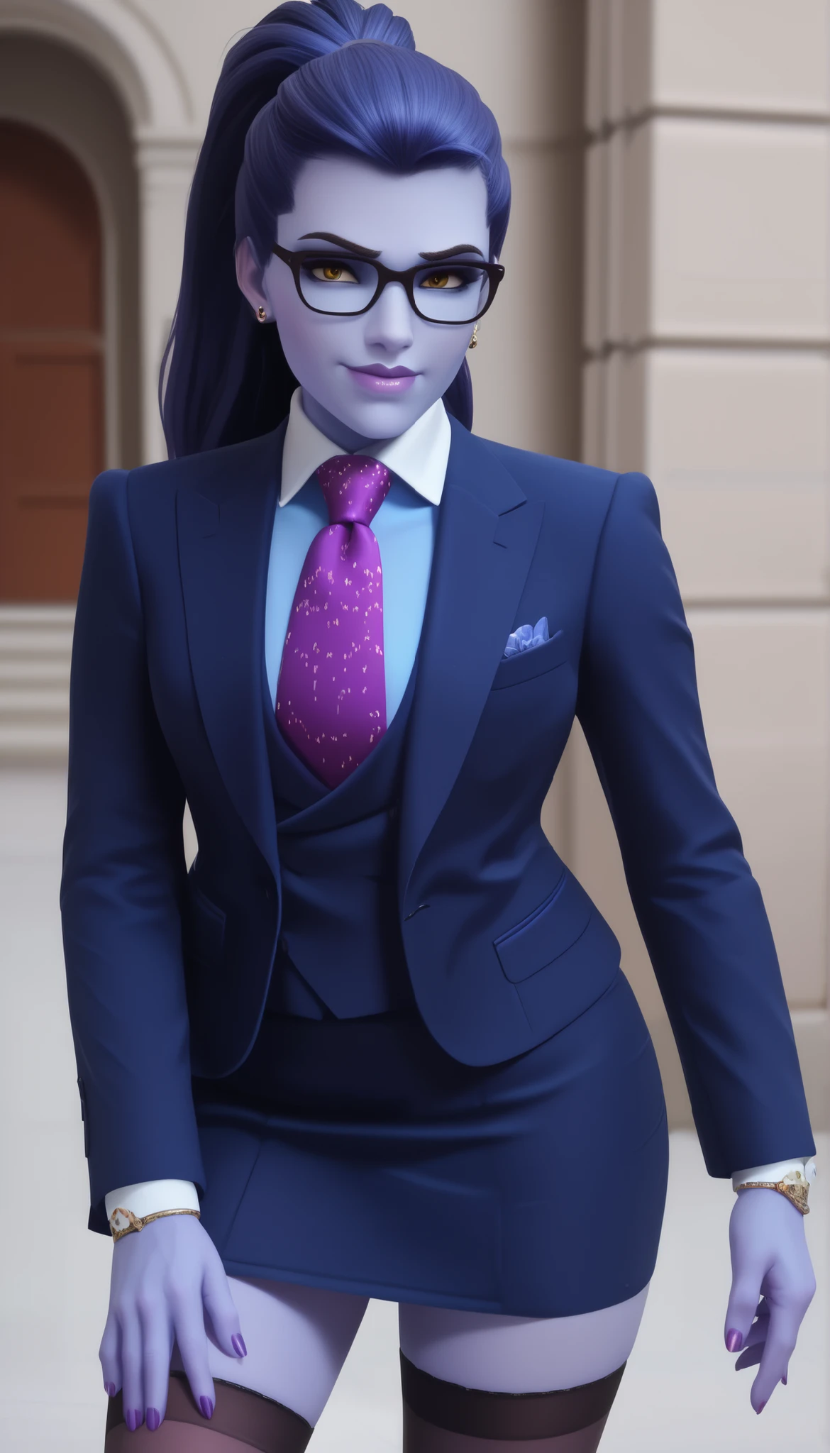 score_9, score_8_up, score_7_up, BREAK
wdwmakr, owwidowmaker, (((colored skin))), (((blue skin))), head turned, glasses, lipstick, long hair, ponytail, yellow eyes,,lips,1girl,solo,
three-piece suit, formal, jewelry, dark grey suit, purple necktie, earrings, jacket, lilac shirt with white collar, jacket, shirt, lips, skirt, pocket square, cufflinks, shiny clothing, bare legs, confident pose
Face shot,Looking at viewer, smug, smirk, adjusting necktie, tightening necktie, above the knee skirt, stockings, purple nails,