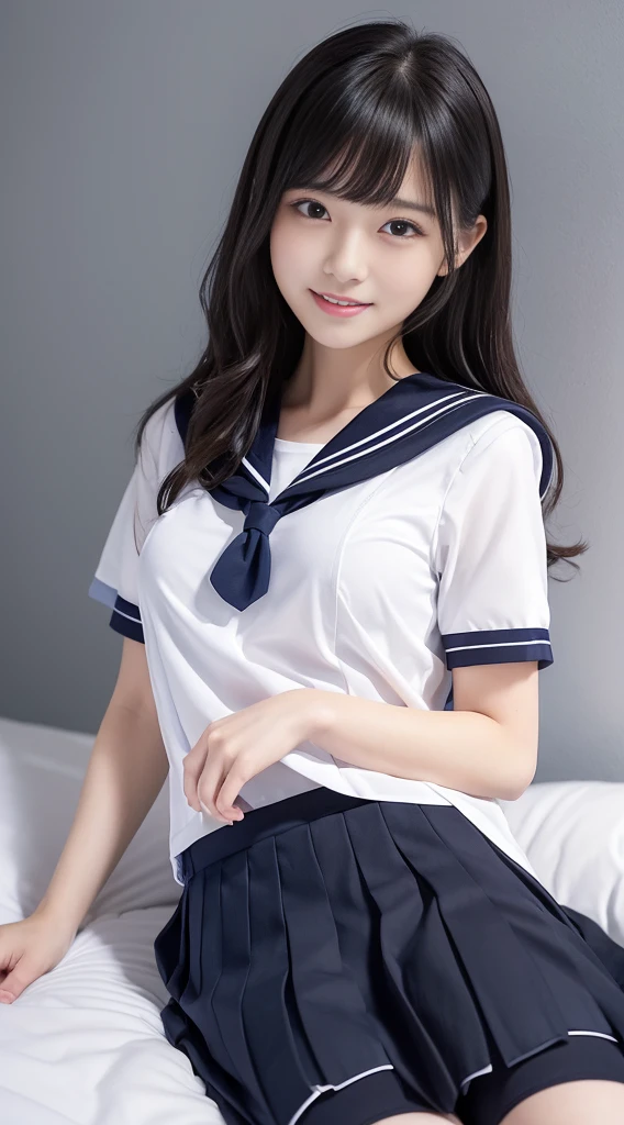 (best quality, 8k, 32k, masterpiece, UHD:1.2), (RAW photo), (realistic), (photorealistic:1.2), (high resolution), huge filesize, ultra-detailed, extremely beautiful face & eyes, perfect double eyelid, 1girl, japanese elementary school student,, 13yoyo, rosmall face, baby face, thin waist, beautiful belly skin, large breasts, slim proportions, perfect thin thighs, small butt, (darkblue pleated mini skirt, japanese sailor, sailor fuku, serafuku, japanese school sailor suit, sailor red neckerchief), nice hands, perfect hands, accurate hand depiction, sweaty, shy smile, pure white teeth, from below, (blue sky, summer, sun, beach, palm tree, outdoors), portrait photography,