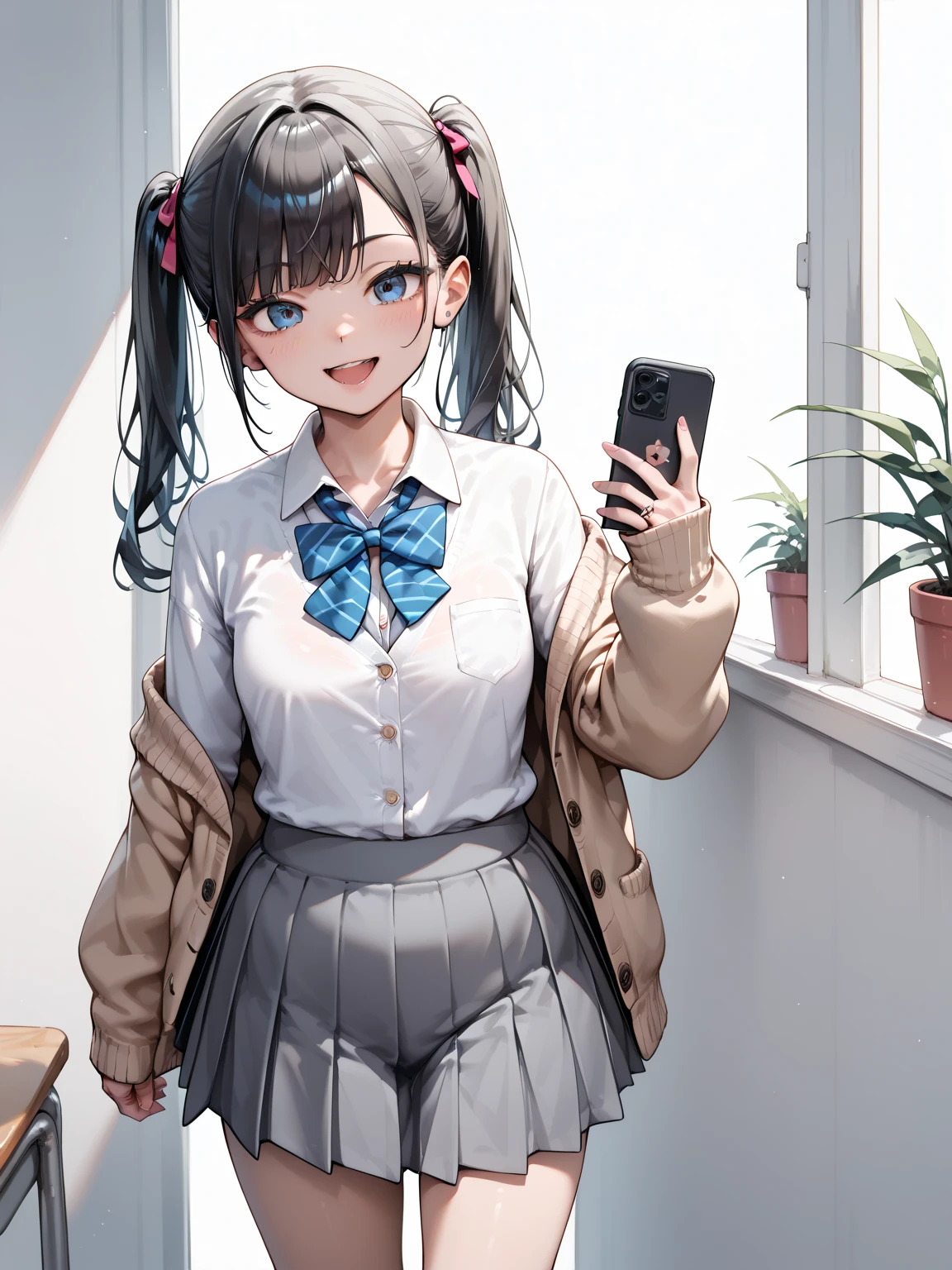 Brown hair, cute big breasts, gray skirt, gray coat, white shirt, fair skin, blue eyes, open mouth, long hair shawl, big breasts, mobile phone on chest