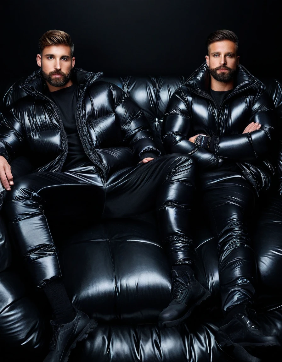 a photo of two large muscular men looking at each other,male model,sitting on a leather sofa,wearing tuxedo,full body,baroque hallway,marble floor,paintings,chandelier deep shadows,cinematic lighting,dark,detailed background,bulgerk-soft,
BREAK 30 years old man,Italian,black hair,beard,shiny tight (white latex:1.5) tuxedo,bare chest,bulge,((wide shoulders, large pectorals)),full body,dress shoes,
BREAK 20 years old man,athletic Swedish hunk,beard,shiny tight (black latex:1.5) tuxedo,blonde hair,blue eyes,((bare chest)),bulge,((wide shoulders, large pectorals)),dress shoes,