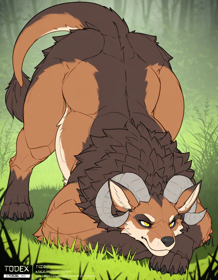 Krampus. solo. Black fur, big gray testicles. Scars in some parts Including the butt. Sweaty. looking at me with an comfortable look, Red eyes. Placid smile. Sweaty, full body image, Taran Fiddler style, medium shading. Giving back. Lying so that their big feets are closer to the camera. Lying With his belly on the ground. Turning your back on the image. The butt points towards the image. Background in a night forest. Low light.
