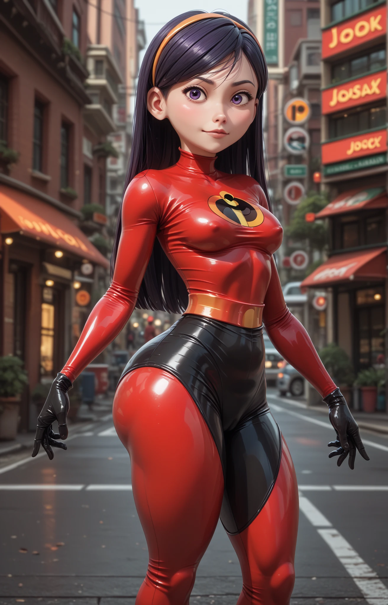 Lean fit agent honeydew girl from the dark knight stands imposing in a gothic lost city. ((red bodysuit)), (((, red navel))), Closed zipper, black hair, (gigantic breasts), laranjado breasts, sunlight highlights her fit and lean figure, intricate bodysuit, logo on shoulder, (black utility belt), ((low sitting belt)), The scenery is grim and mysterious, with futuristic tech and surroundings. The camera details everything, (((masterpiece)))