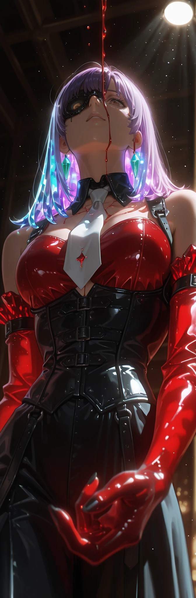 photorealistic, beautiful detailed eyes, detailed leather, detailed hair, volumetric lighting, Extremely detailed dapple, light particles, dramatic shadows, movie lighting, depth of field,(Villain),A girl with purple hair ,shiny hair,bangs,(bangs cubre un ojo),1 eye covered by hair,super detailed brown eyes,(white tie),neckline,broad breasts,Hands adjusting the tie,black nails,crystal hair,Neon hair,corset,strap slipping,Underboobs,blood control,Blood flowing,( ANGULO Holandes ), inclined plane ,from below,Profile or side