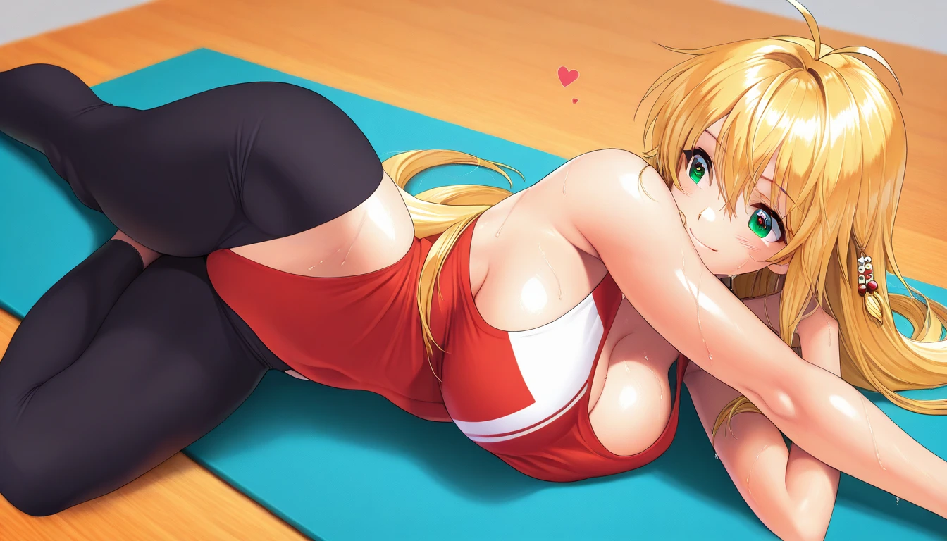Best quality, medium breasts,  curvy, dark brown skin, long blond hair, yellow eyes, slutty, gyaru, full lips, seductive, darkskin, tan, sexy smile, gym, inside gym, exercise ball, ball, sitting on exercise ball, red clothes, ball, ass, ass in shot, booty, ass on ball,yogapants, red yogapants