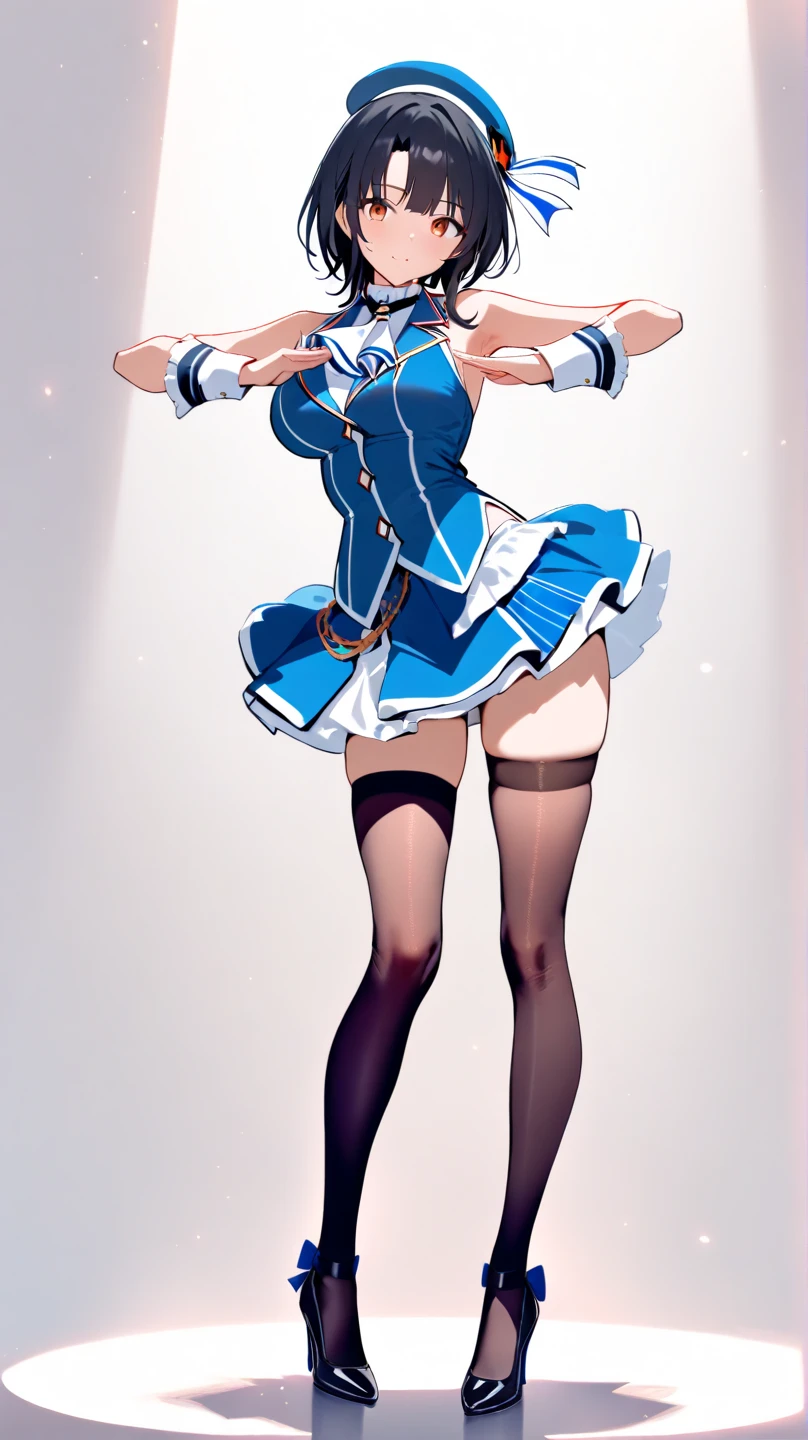 1girl, solo, arms up, armpits, blonde hair, flat chest, thighhighs, hat, boots, beret, necktie, detached sleeves, short hair, black thighhighs, ribbon, gloves, zettai ryouiki, bare shoulders, pasties