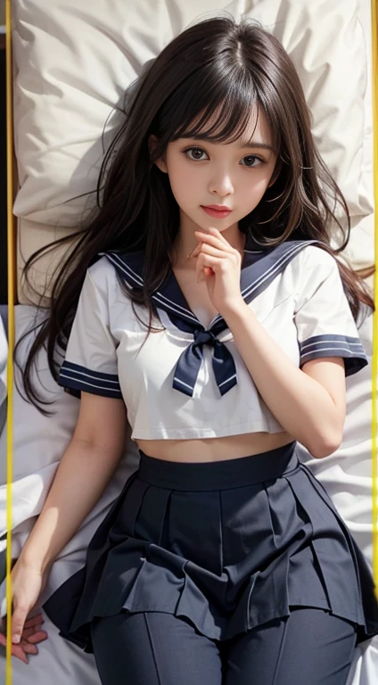 8K quality、Highest quality、Bust 75、Sailor uniform、Full body portrait、His white shirt is open, exposing his chest.、Beautiful lips、Beautiful body、Sexy expression、Exactly Imada Mio、Brown Hair、Mid-length hair、On the sofa、Sexy pose