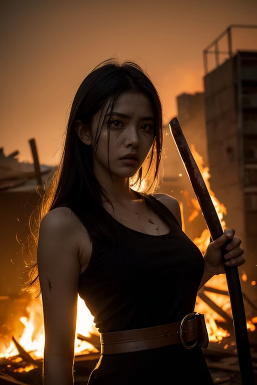 sunny mid day,She wore a short slip dress,Run away on the road, Behind her, There is a large group of zombies chasing, Flames and general destruction, The darkness of the Dark Ages,Medium shot,Cinematic light and shadow,8K clarity,Upper body appearance