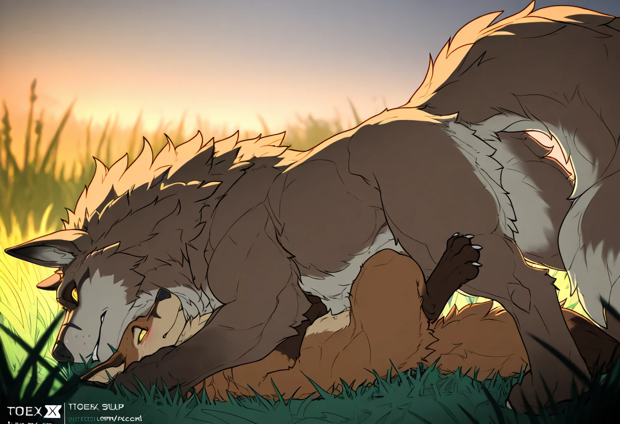 (((Masterpiece, highest quality, high definition, high detail, perfect eyes, accurate eyes))), (((German Shepherd, always dominant, always on top, distinctly feral))), (((Felkin, distinctly feral, always submissive, always on bottom/under, in absolute bliss))), absurd resolution, absurd quality, very high detail, 4k, 8k, best quality, big German Shepherd mounting and penetrating a Felkin, from behind position, shockingly violent humping, big balls, perfect balls, hanging balls, saggy balls, veiny balls, big bulky top, thrusting hips awfully hard, anatomically correct, anatomically correct genitalia, anal, anal knotted, anal penetration, large animal genitalia, large animal penis, bdsm, huge dom small sub, huge top small bottom, outdoors, forest clearing, black nose, blep, bodily fluids, bondage, bound, large canine genitalia, large canine penis, claws, cum, cum in ass, cum inside, cum leaking, cum while penetrated, dominant, huge dominant male, drooling lots, duo, eyes open, feral, feral on feral, fur, genital fluids, large genitals, hands-free, giant knot, knotted, knotting, sunrise, male, male/male, small male penetrated, huge male penetrating, male penetrating male, muzzle (object), muzzled, open mouth, orgasm, penetration, large penis, restrained, saliva, sex, violent sex, size difference, submissive, submissive male, tongue, tongue out, tail, tail fully visible,
