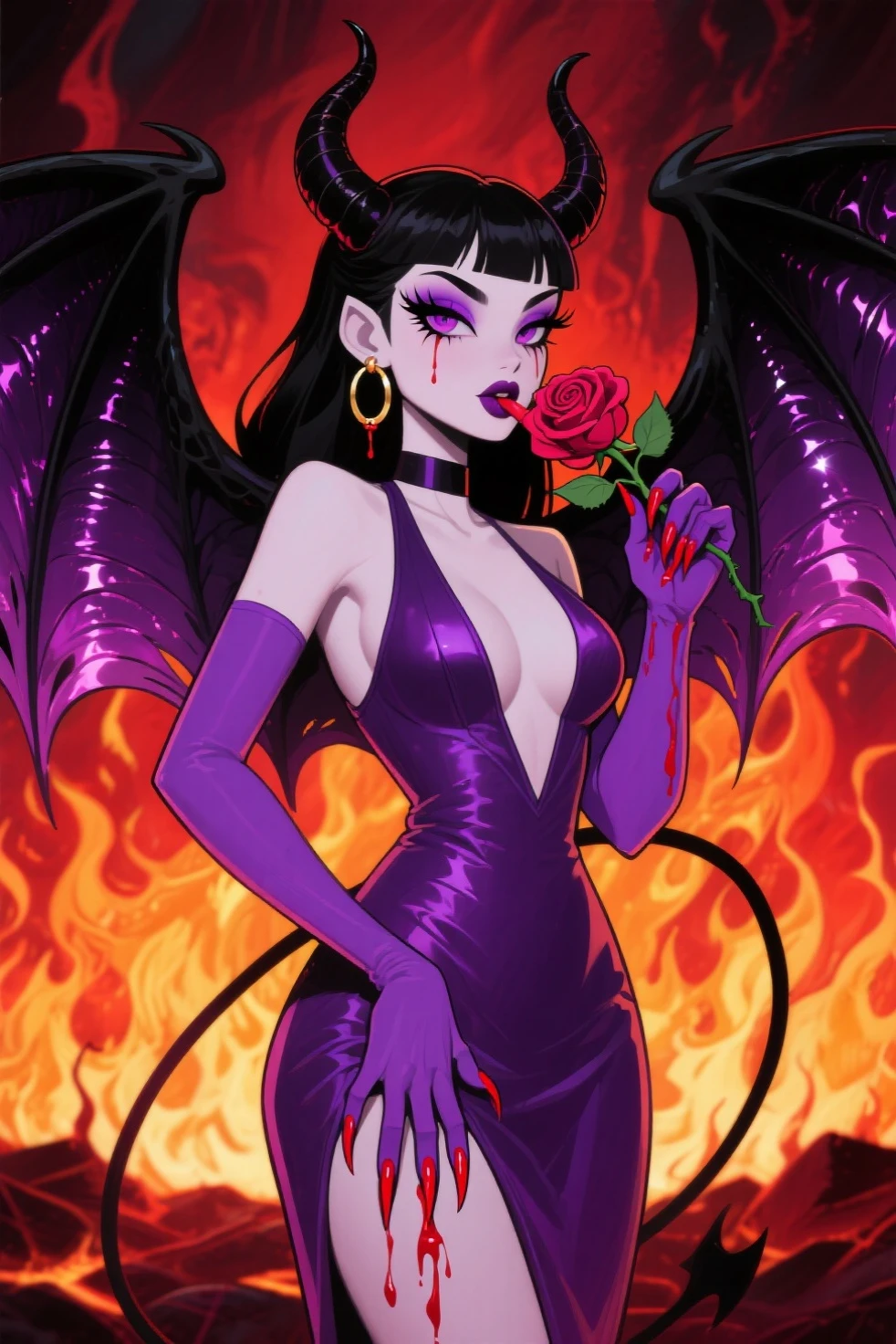 a retro cartoon style pinup, vampire sitting in her coffin drinking a bag of blood,