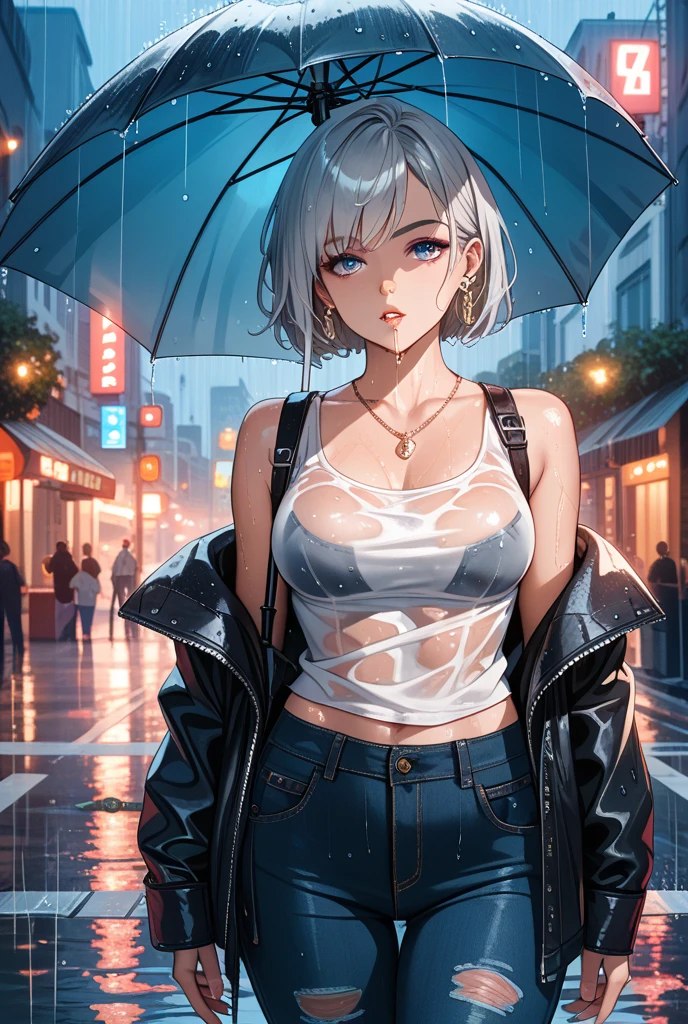 A girl is wet from the rain, standing on the street, short white hair, long eyelashes, lip gloss, transparent white shirt, necklace, earrings, top quality, transparent black miniskirt, high resolution, 8K quality