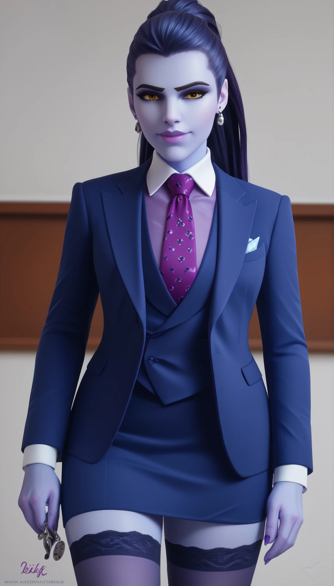 score_9, score_8_up, score_7_up, BREAK
wdwmakr, owwidowmaker, (((colored skin))), (((blue skin))), head turned, glasses, lipstick, long hair, ponytail, yellow eyes,,lips,1girl,solo,
three-piece suit, formal, jewelry, dark grey suit, purple necktie, earrings, jacket, lilac shirt with white collar, jacket, shirt, lips, skirt, pocket square, cufflinks, shiny clothing, bare legs, confident pose
Face shot,Looking at viewer, smug, smirk, adjusting necktie, tightening necktie, above the knee skirt, stockings, purple nails, high shirt collar