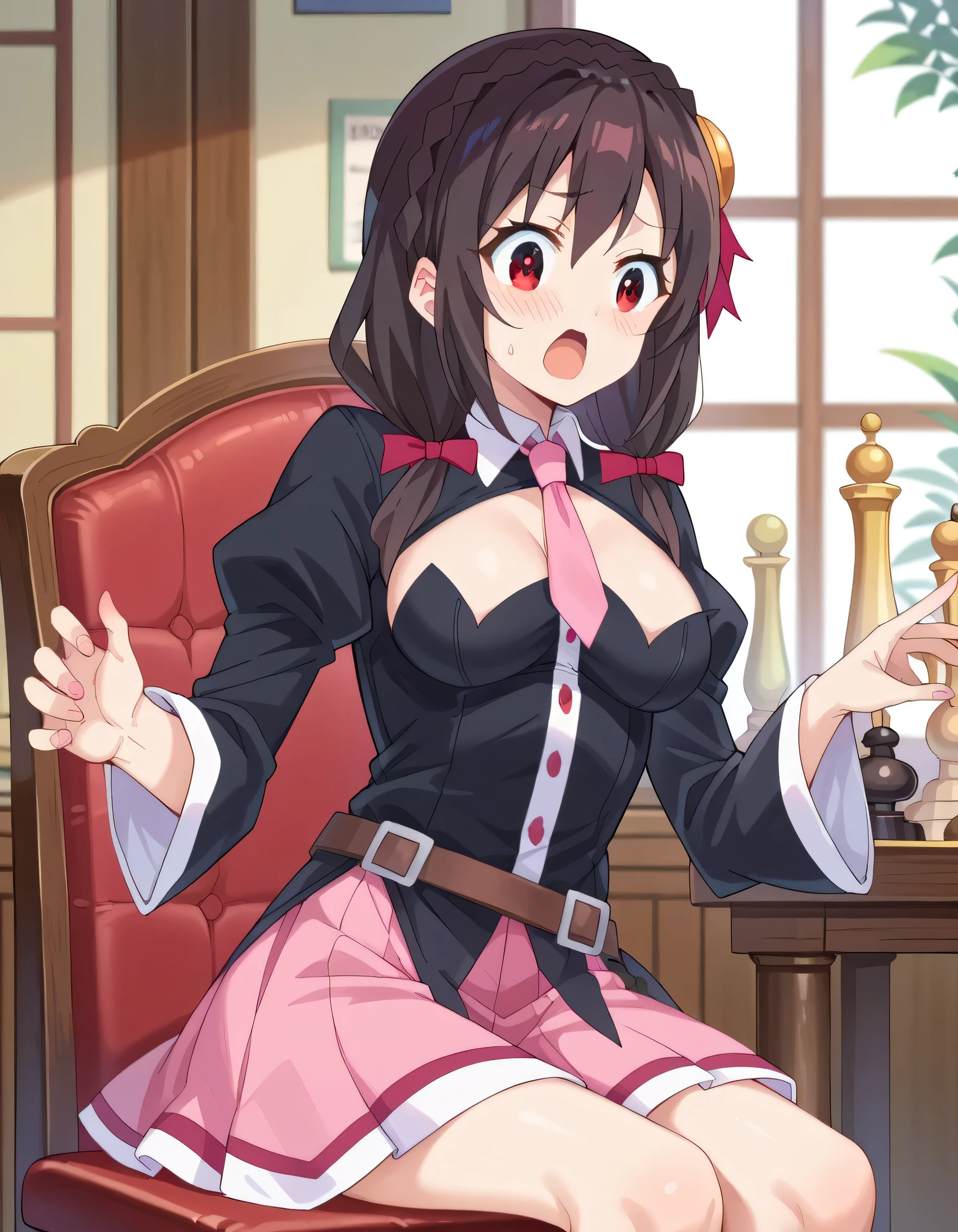 alone, One girl, Yunyun, (A happy smile:1.3)、(blush:1.3)、 View your viewers, Crown braids of the same color as your hair, Red Eyes、hair ornaments, Hair Ribbon, Pink tie, Long sleeve, Pink Skirt, Knee socks, Cleavage,  (Sitting right next to the viewer on the sofa:1.2)