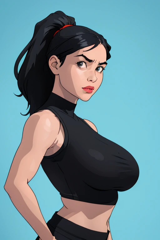 <lora:Jib:0.8>, 1girl, goth, black lipstick, undercut, green eyes, huge breasts, tank top, underboob, plaid skirt, midriff , detailed face, black tank top, red skirt, black hair, solo,