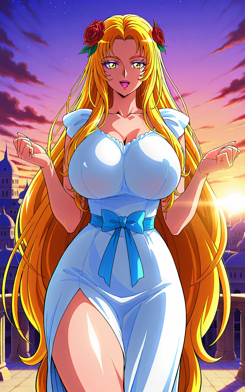 ultra HD, Eleven now , with gigantic breasts: 1.4 and blond hair , long ear, light blue and deep yellow eyes, Full lips, attractive, souriant, with a bow in their hands in their left hands, in general plant in a cascade
