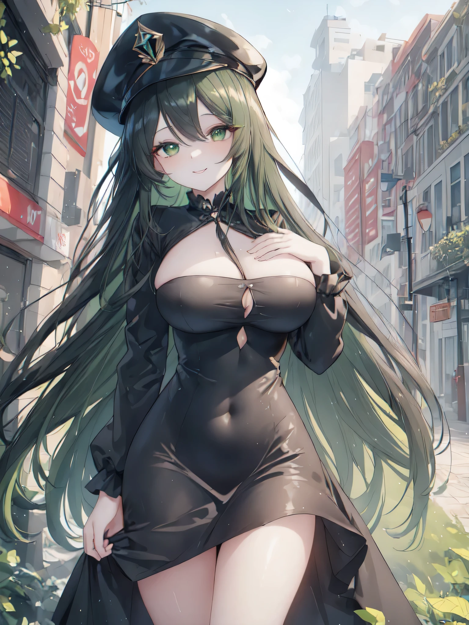 Realistic and detailed image of an elf. dressed as a witch in a mini-skirt. Unusually shiny long silky black hair. turquoise eyes. She has earrings and long eyelashes. She has full lips. Large breasts, slim waist, very wide hips and thick thighs. Smiling. Back arched. She is flying. Day of the Dead Festival. Dark environment. Starry night.