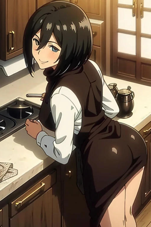 score_9, score_8_up, score_7_up, score_6_up, score_5_up, score_4_up, (source_anime), 1girl, (( white woman, short black hair, small breasts, puffy nipples, big Thighs, big ass, mature woman, dark nipples, brown nipple)), Distant vision, Low Illumination, Kitchen, Maid outfit, black skirt, breast milk, Welcoming, breast milk, Breast Pump