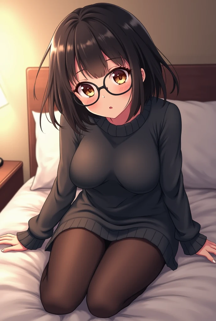 highest quality,(8K Portrait),(Official Art)、obesity、((short hair))、blush,((dark hair)),(Sweat),Black knee socks、One Woman,((:is))、hot、Office Room、Glasses、Thick thighs, Such an ass, Liar, Open crotch, Dettol, Down the Out、(Dynamic pose)、isらしない身体、Dynamic Angles、Turning around、High neck sweater、(On all fours:1.2)、On knees、Angle from behind、Cowboy Shot、bottom less