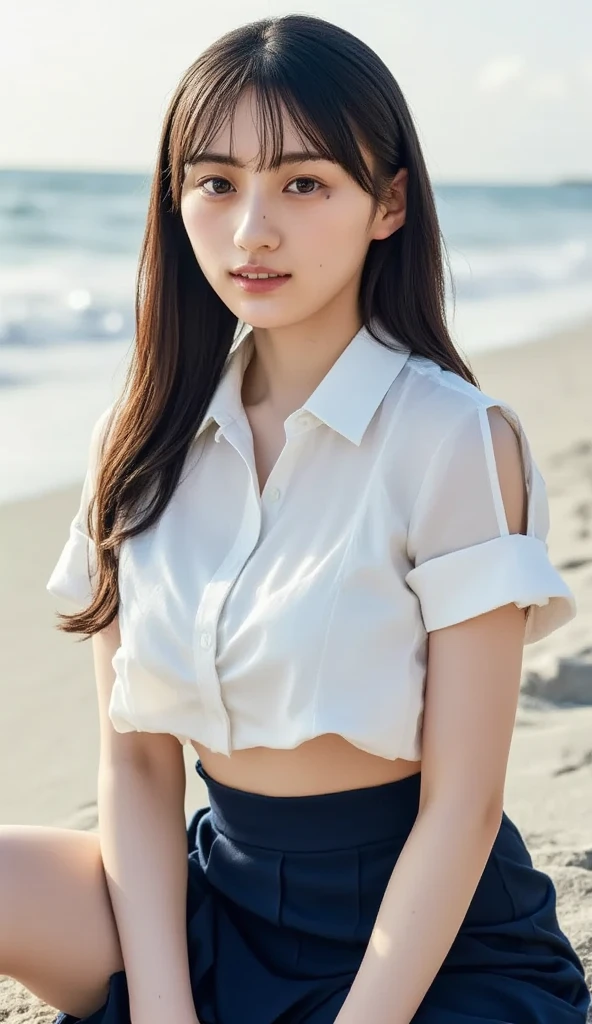 (((Top-down configuration:1.33)))、((No underwear:1.55))、One Girl、Beautiful and detailed eyes and face、barefoot、20 year old cute Japan woman, ((Extremely precise and accurate anatomy:1.0)), (photo Realistic:1.4), (hyper Realistic:1.4), (最高品質のRealisticな肌の質感:1.4), (Improvement of quality:1.4), (Enhances the beauty of skin texture:1.1), clean and glowing skin, mesh, thin:1.2, (Realistic:1.3), Realisticなライティング, (Smoother lighting:1.05), (Improving the quality of cinema lighting:0.9), Backlight, A gentle light that illuminates the face, Ray Tracing, (Bright light:1.2), 32k, One Japanese woman, fine grain, Detailed face, (Film Grain:1.1),(Accentuates body lines:1.1), High resolution, Natural look, Kind eyes, Enhances hair texture, Delicate light and shadow, Clear skin, Graceful Pose, Beautiful Eyes, Sharp details, Soft light reflection, Beautiful contours, Delicate skin tone, Fine hair texture, Natural background, (((sunny day、Beach、A strong wind is blowing、Her hair and skirt are flying、squat, Traditional navy blue sailor uniform、White blouse、Pleated skirt、Scooping seawater with hands:1.25、splash、Sandy Beach、Light of the sun、clear blue sea、The waves crash quietly、Blue sky and white clouds、green mountain々、Beautiful Nature、The joys of youth)))、