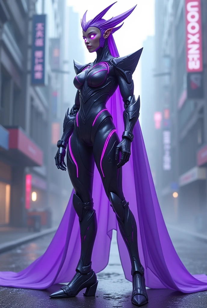 [full-body image, standing:1.4], 1Laura/Mulhe, she has (large breasts:1.3), {is wearing silver costume with red/futuristic Ultraman-style parts/blue jewelry in the center of the breastplate}. She is inside an alien spaceship with various machinery. She has [hair,short,slick,purple:1.5], [green eyes:1.5], looking at viewer, evil smile, (exhibitionist pose:1.5), (costume/extremely tight on body:1.5), Anime style, Mortal Kombat, 16k, highres, UHD, masterpiece, anatomically correct --auto --s2