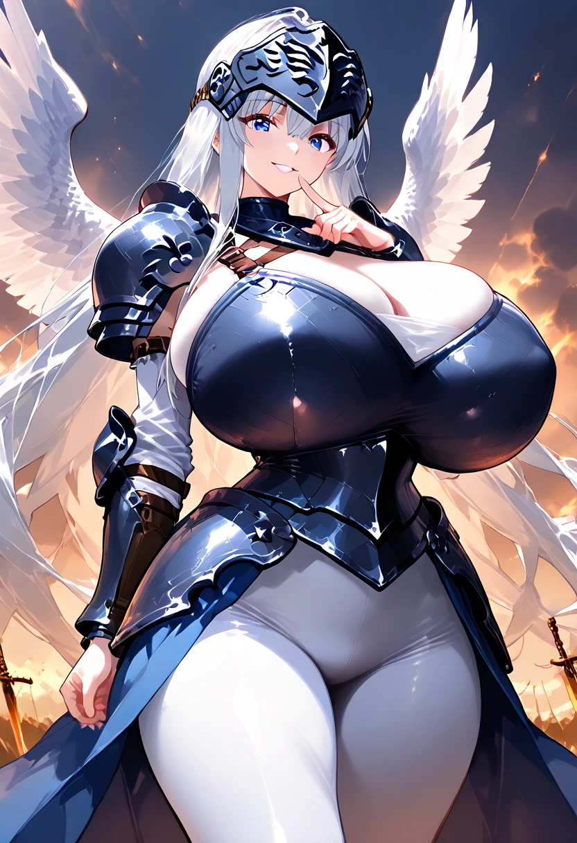 High detailed, masterpiece, High detailed, 1 girl, solo, baby-blue hair,, Blue eyes, big busty, firm chunky body white shirt, , deep cleavage, Juliet sleeves, pencil skirt, black thighhighs, white gloves, tall, Very prideful expression