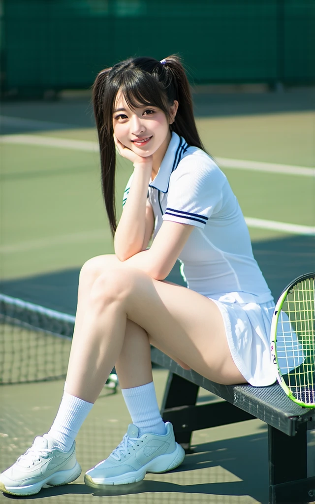 Pure Japanese tennis girl, sexual attractive, outstanding body, beautiful legs, wearing loose tennis uniform, panty, sweet smile, sitting on bench, refreshing in early summer morning, composition from the front,