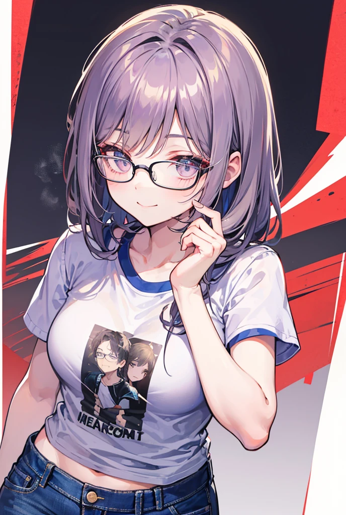1girl,{white shirt},black hair,short hair,red eyes,wearing glasses,medium breast,red ties