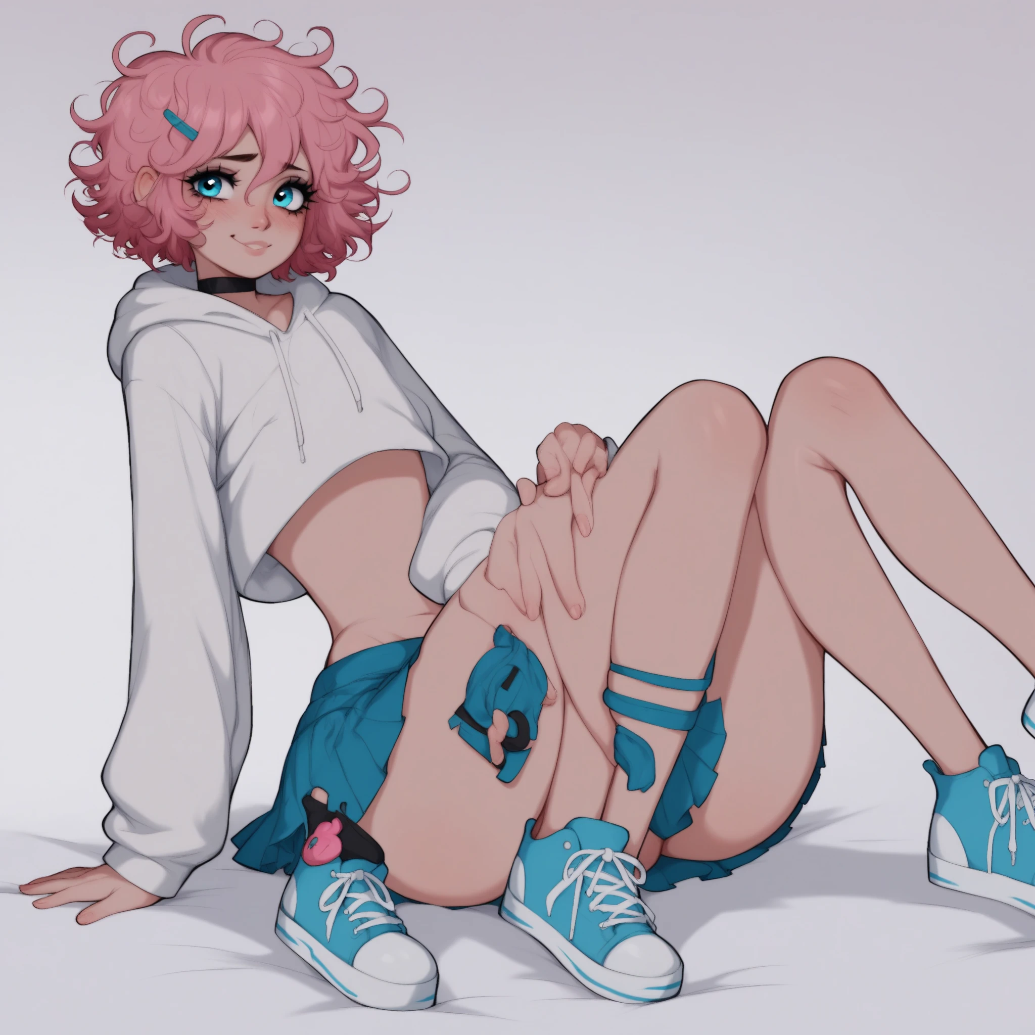 underwear, otoko no ko, panties, male focus, 1boy, pink hair, striped panties, bra, long hair, solo, underwear only, striped, crossdressing, blue eyes, two side up, bulge, blush, socks, striped bra, ribbon, sitting, lingerie, shoes, hair ribbon,
true anime style,