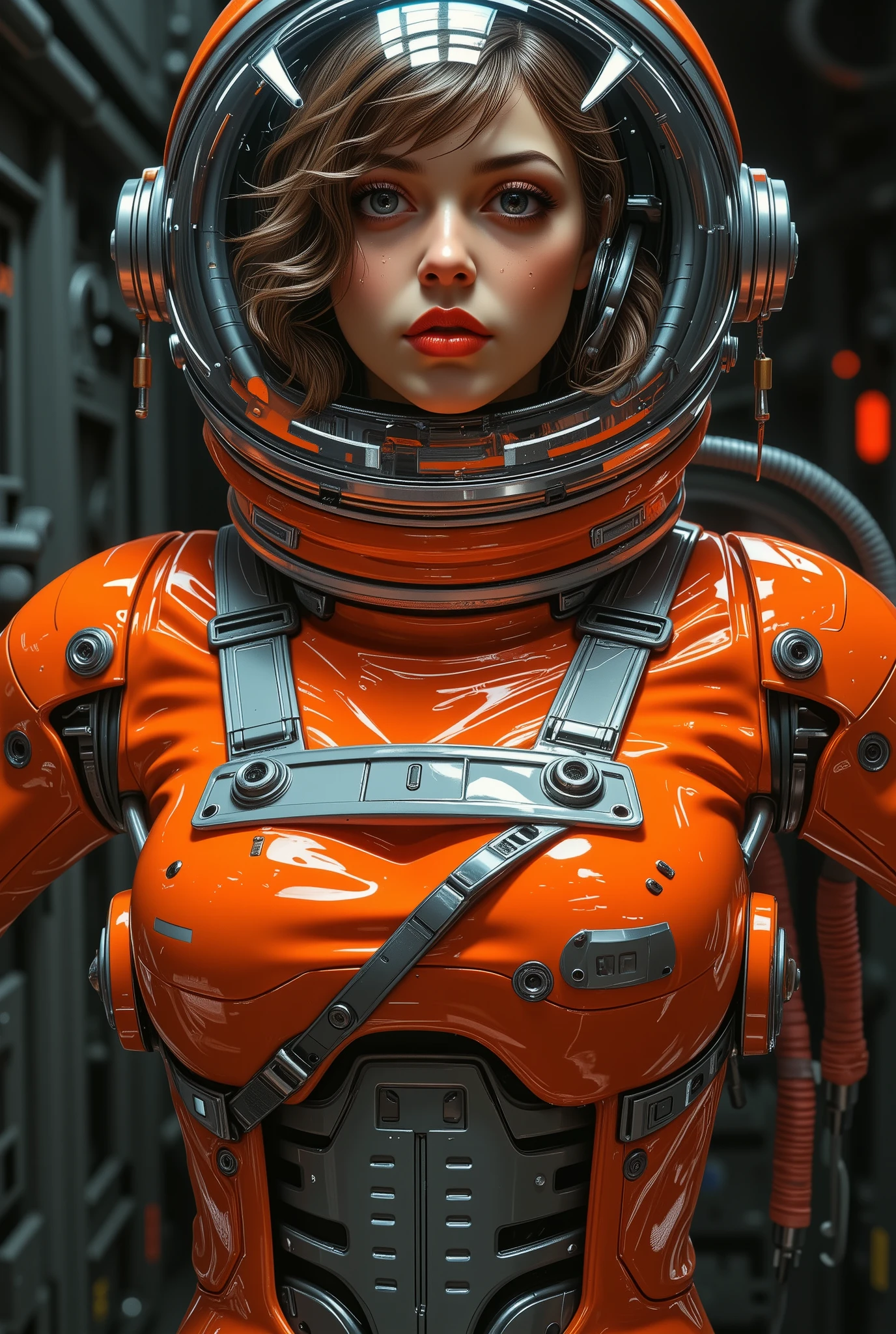 close-up portrait of a young girl, in a cold and rebellious manner, wearing a detailed, realistic orange spacesuit. The woman has white skin. Her expression is gentle and focused, her gaze is slightly depressed. Her Hair, medium brown , Falling into a loose wave around her face, some bundles appear damp. She has plump lips with rich reddish orange lipstick to match her spacesuit. she is light grayish blue, reflects the light of the. The woman has intricate details and stitching、wears a cyberfuturistic shiny orange spacesuit, while being functional and elegant. The helmet is orange and has a clear visor. The texture of the suit appears smooth and reflective. , but they are strongly reflected on the surface of the suit and protective glass, with partial reflection of the surroundings. water droplets and condensation visible on the visor. The spacesuit is decorated with silver and gray metal inserts, The. The environment resembles a dimly lit space station or spaceship、 dark, almost black tone on the background. moisture due to condensation is subtle, environment Expressive eyes that look like they are. The lighting focuses on the woman's face, creates stunning highlights of her expression. The composition of the image focuses on the subject, intricate metal parts and hoses are attached to the suit. and the close-up angle emphasizes detail, The style is semi-realistic cyberfuturism {x } Capable of capturing small details and realistic textures, creates adaptability and functionality while maintaining a cinematic drama. atmosphere is both calm and powerful There is a, suggests adventure and determination. The overall color usage is 、Subtle, background with complementary colors of gray and dark tones.stylized, High quality digital. High detail during meals.