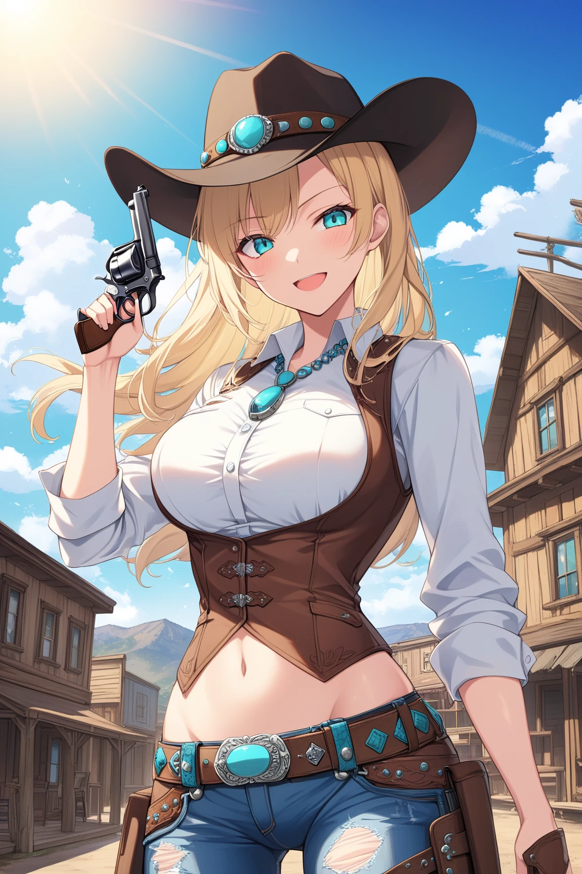 Highest quality, blonde、Golden Eyes、、topless、With a revolver、Brown mini skirt、Ten-gallon hat、ern Boots、Accentuate your breasts、Fearles、Erect nipples、Sweat